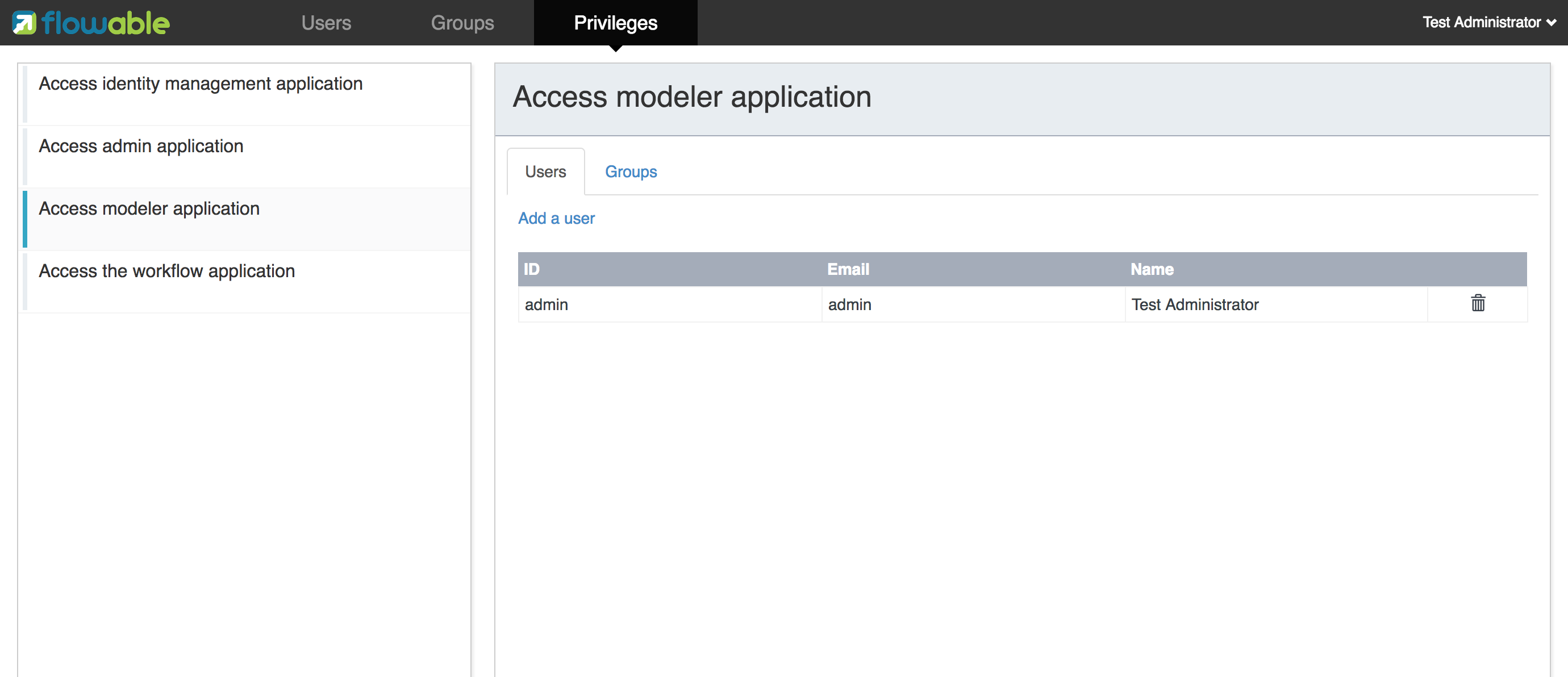 flowable idm privilege screen